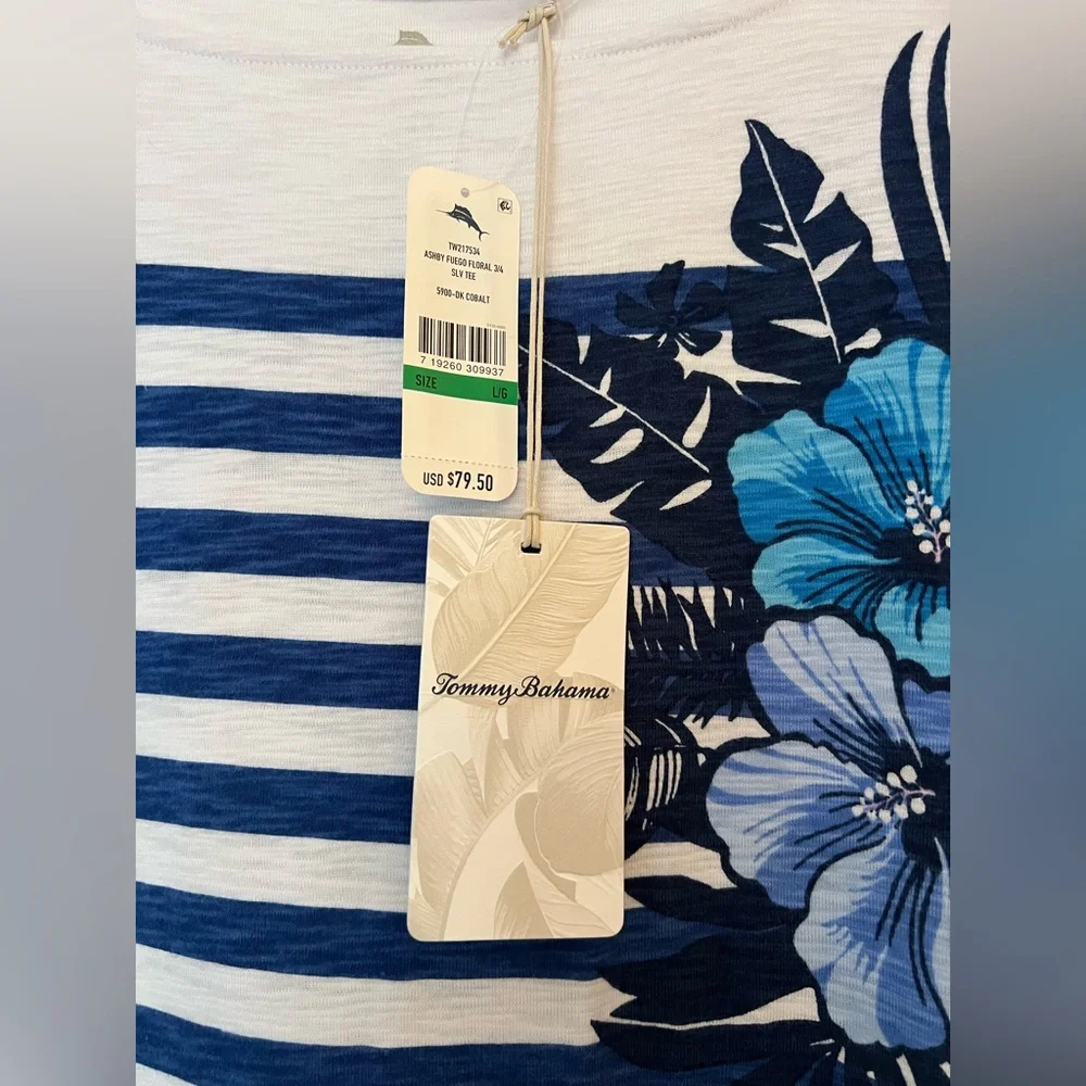 Tommy Bahama Blue and White Floral Striped Long Sleeve Top NWT Size L - Picture 2 of 10